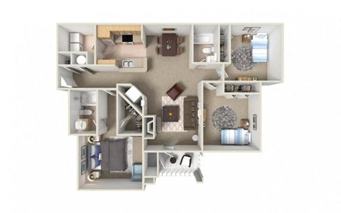 Floor plan for 3 beds, 2 baths, 1384 sqft